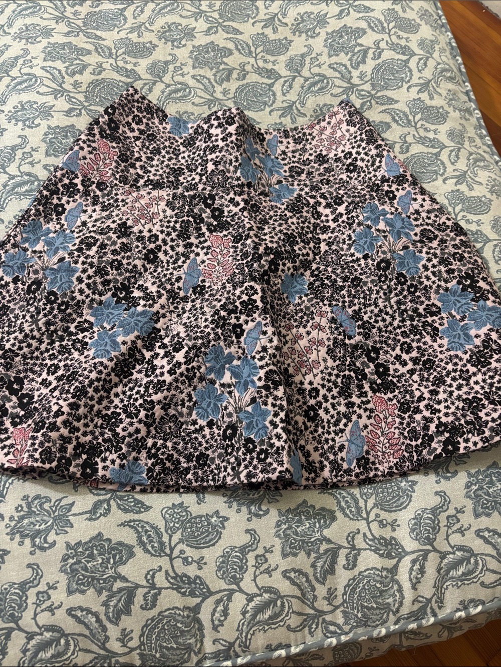 LOFT Pink Floral Circle Skirt with Blue & Black Accents